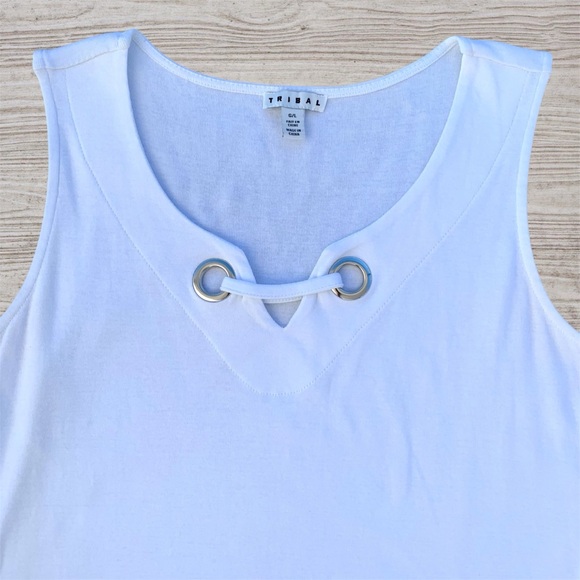 Tribal White Grommet Notch V-Neck Key Hole Knit Tank Top ~ Women’s Large - Picture 2 of 8
